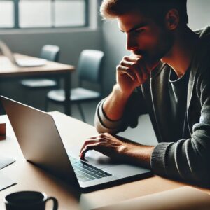 Man browses job listings on his laptop